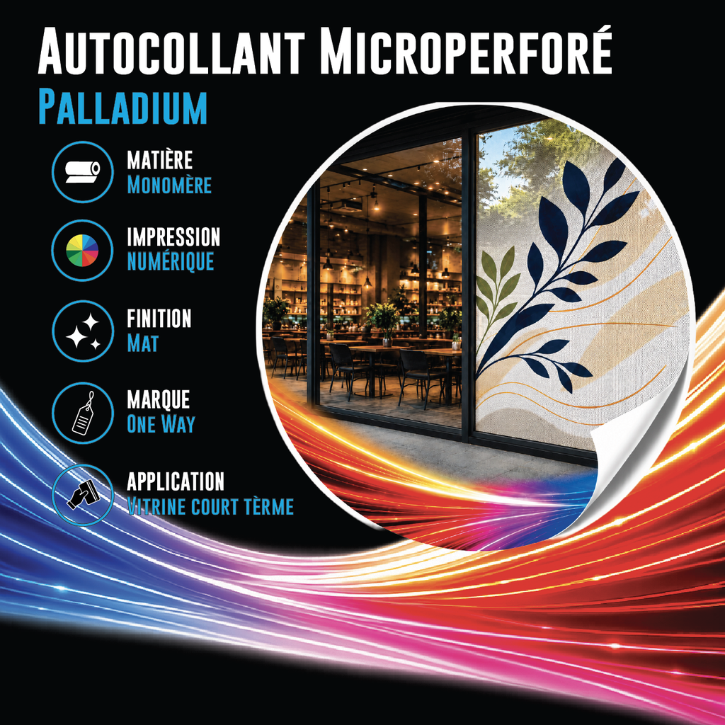 Autocollant Microperforé Oneway sur mesure (Vitrine One Way courte durée (Monomère Palladium))